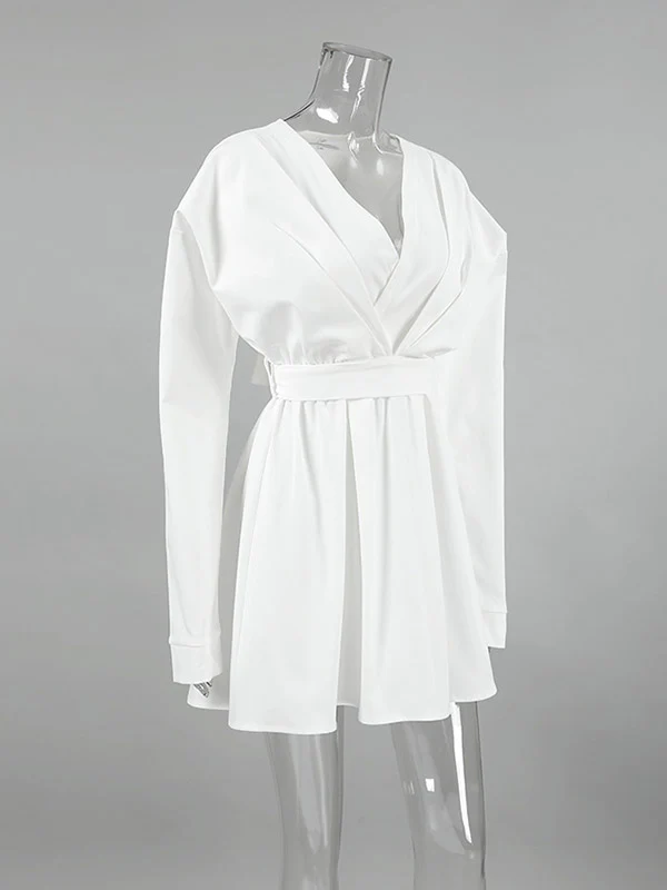 Long Sleeves Loose Pleated Solid Color Split-Joint Tied Waist V-Neck Mini Dresses Shirt Dress - Image 6