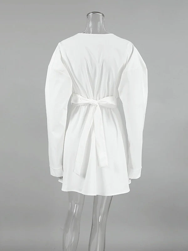 Long Sleeves Loose Pleated Solid Color Split-Joint Tied Waist V-Neck Mini Dresses Shirt Dress - Image 7