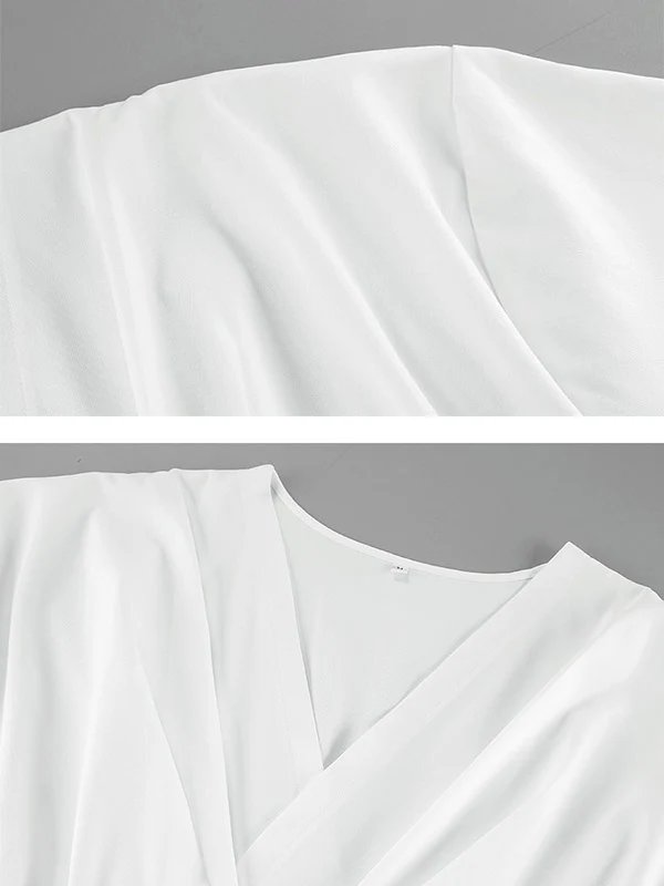 Long Sleeves Loose Pleated Solid Color Split-Joint Tied Waist V-Neck Mini Dresses Shirt Dress - Image 8