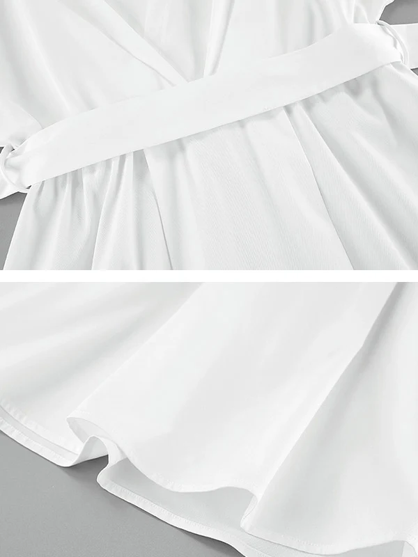 Long Sleeves Loose Pleated Solid Color Split-Joint Tied Waist V-Neck Mini Dresses Shirt Dress - Image 9