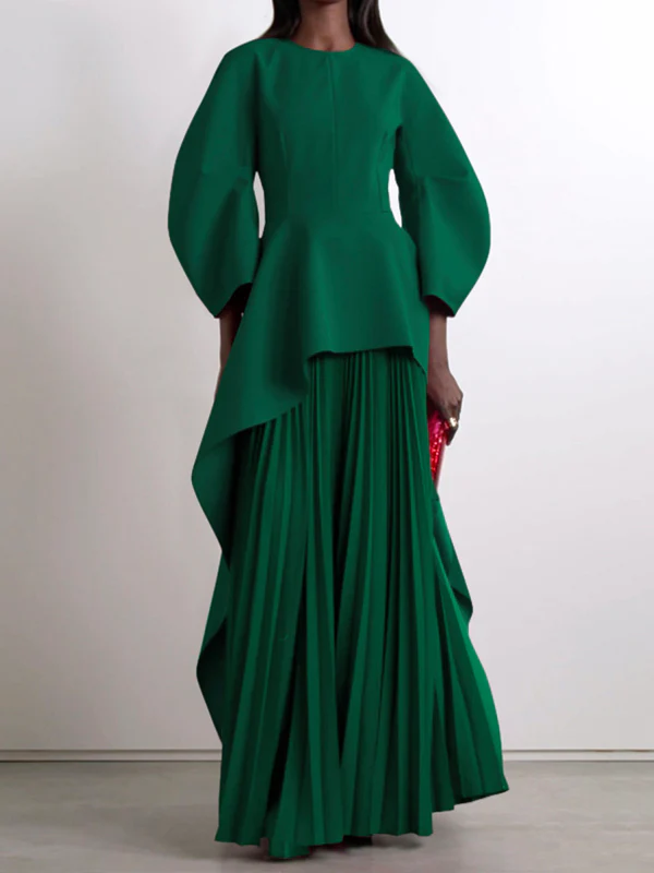 Long Sleeves Loose Pleated Solid Color Split-Joint Tiered Round-Neck Maxi Dresses - Image 10