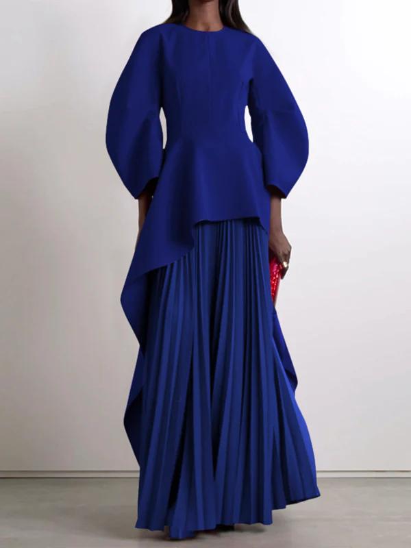 Long Sleeves Loose Pleated Solid Color Split-Joint Tiered Round-Neck Maxi Dresses - Image 11