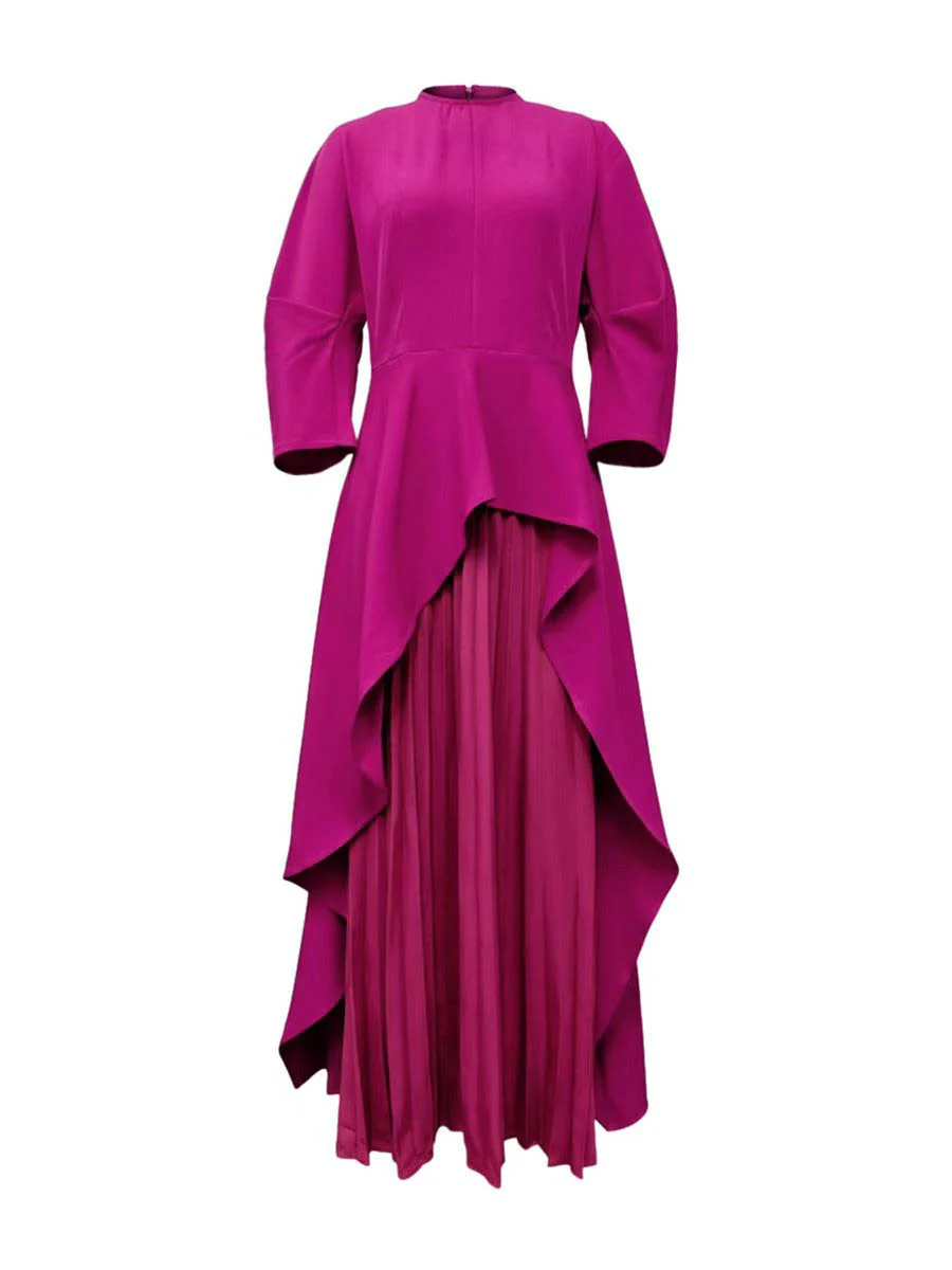 Long Sleeves Loose Pleated Solid Color Split-Joint Tiered Round-Neck Maxi Dresses - Image 12