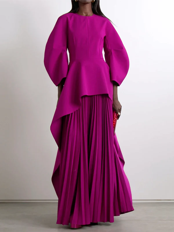 Long Sleeves Loose Pleated Solid Color Split-Joint Tiered Round-Neck Maxi Dresses - Image 2