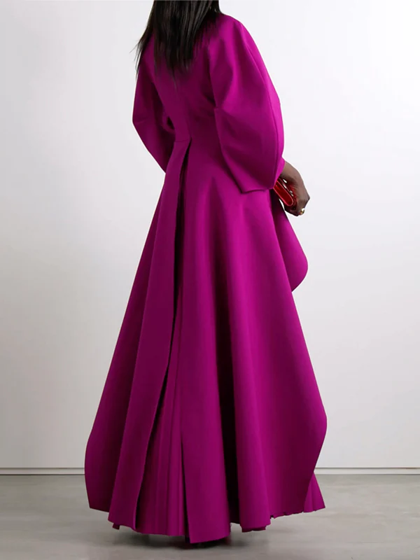 Long Sleeves Loose Pleated Solid Color Split-Joint Tiered Round-Neck Maxi Dresses - Image 3