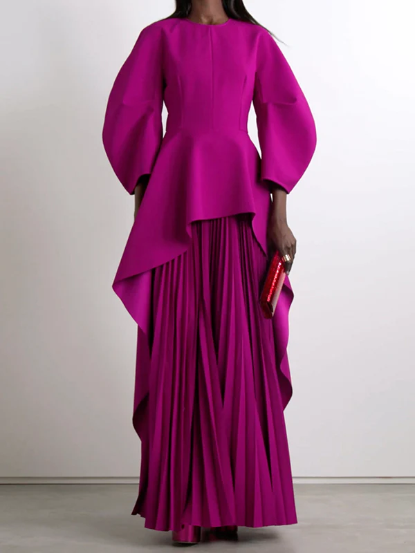 Long Sleeves Loose Pleated Solid Color Split-Joint Tiered Round-Neck Maxi Dresses - Image 4
