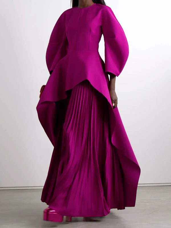 Long Sleeves Loose Pleated Solid Color Split-Joint Tiered Round-Neck Maxi Dresses - Image 5