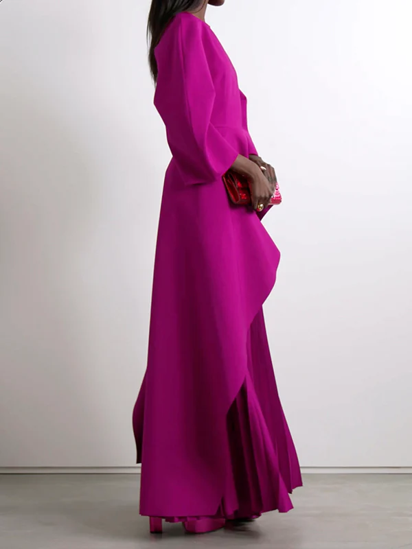 Long Sleeves Loose Pleated Solid Color Split-Joint Tiered Round-Neck Maxi Dresses - Image 6