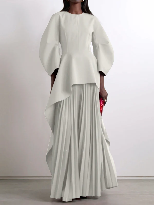 Long Sleeves Loose Pleated Solid Color Split-Joint Tiered Round-Neck Maxi Dresses - Image 8