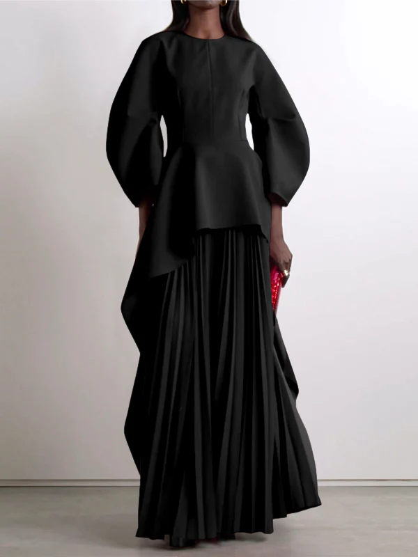 Long Sleeves Loose Pleated Solid Color Split-Joint Tiered Round-Neck Maxi Dresses - Image 9