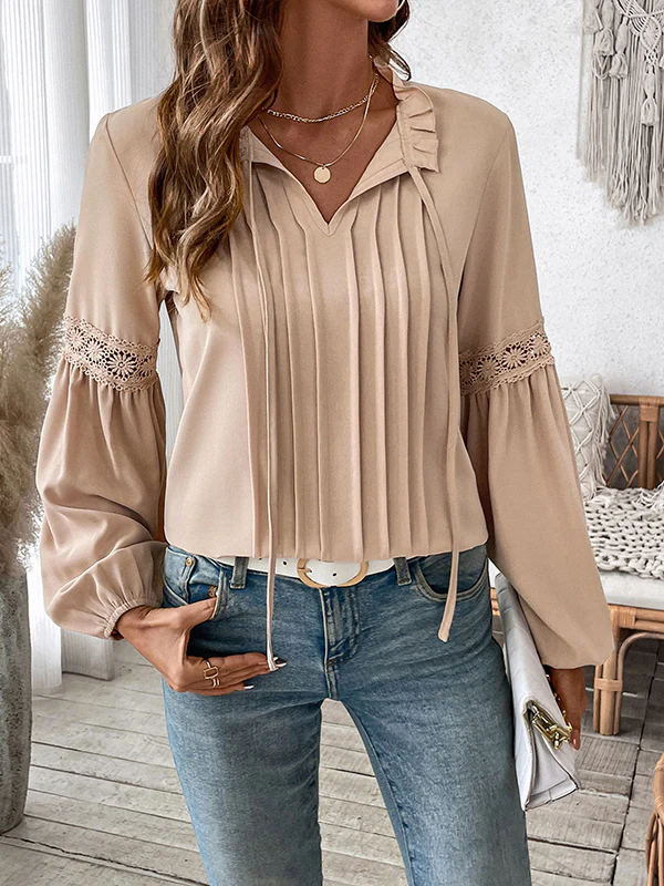 Long Sleeves Loose Pleated Solid Color Split-Joint V-Neck Blouses&Shirts Tops - Image 2