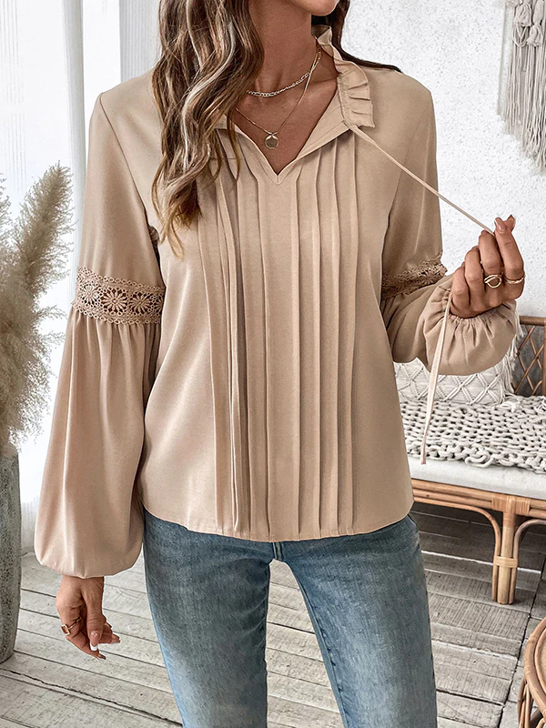Long Sleeves Loose Pleated Solid Color Split-Joint V-Neck Blouses&Shirts Tops - Image 3