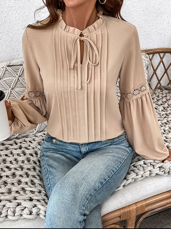 Long Sleeves Loose Pleated Solid Color Split-Joint V-Neck Blouses&Shirts Tops - Image 4