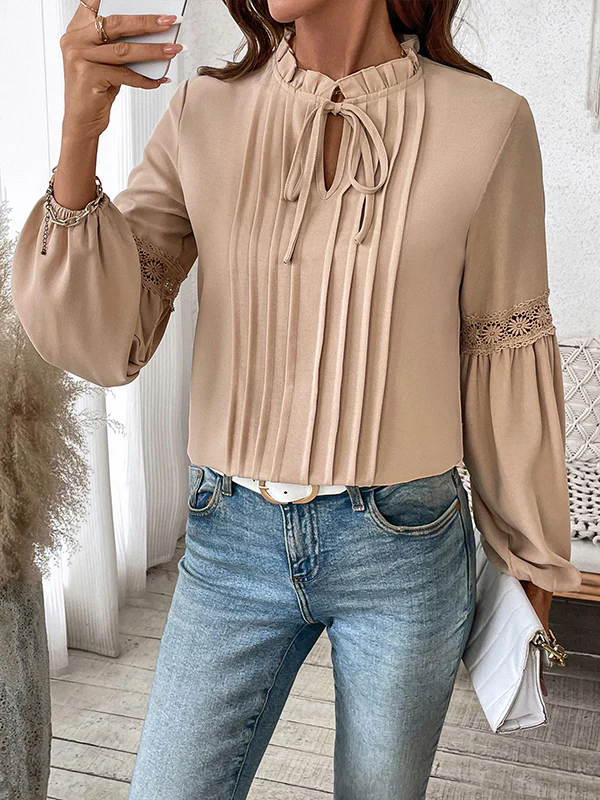 Long Sleeves Loose Pleated Solid Color Split-Joint V-Neck Blouses&Shirts Tops - Image 5