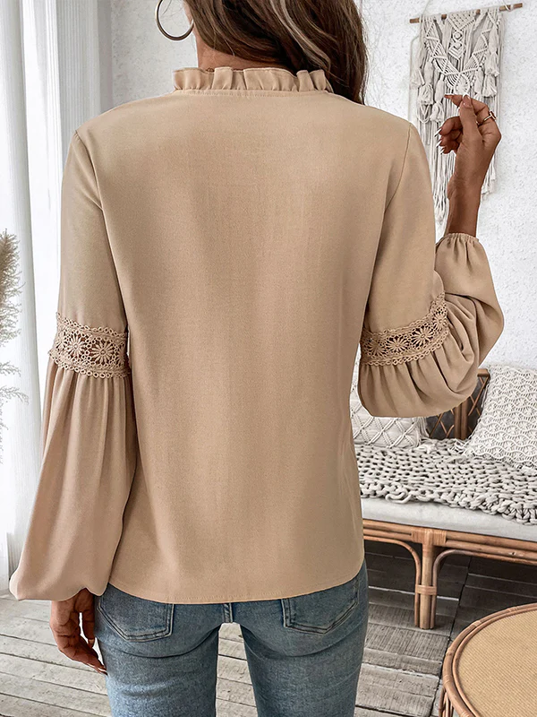 Long Sleeves Loose Pleated Solid Color Split-Joint V-Neck Blouses&Shirts Tops - Image 6