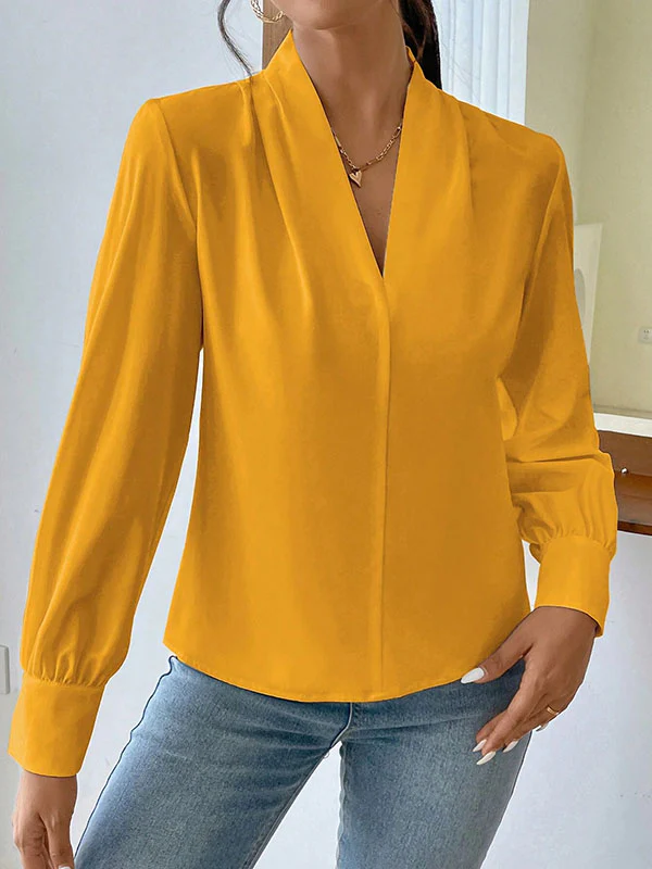 Long Sleeves Loose Pleated Solid Color Split-Joint V-Neck Blouses&Shirts Tops - Image 10