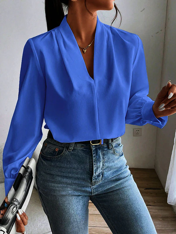 Long Sleeves Loose Pleated Solid Color Split-Joint V-Neck Blouses&Shirts Tops - Image 12