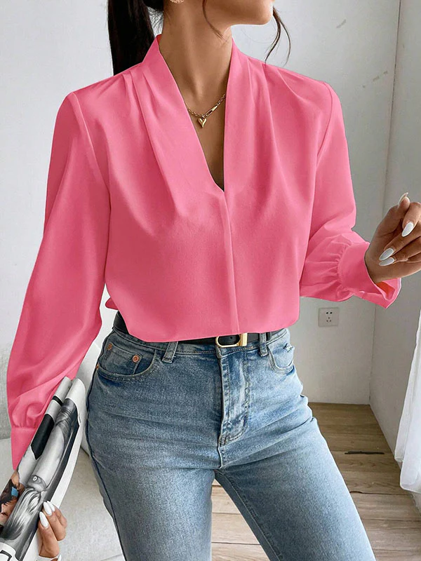 Long Sleeves Loose Pleated Solid Color Split-Joint V-Neck Blouses&Shirts Tops - Image 13
