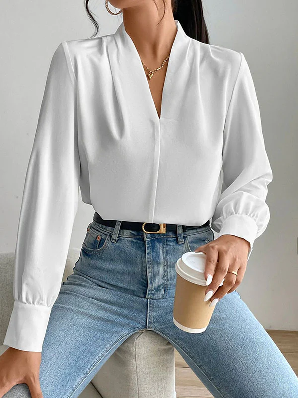 Long Sleeves Loose Pleated Solid Color Split-Joint V-Neck Blouses&Shirts Tops - Image 14