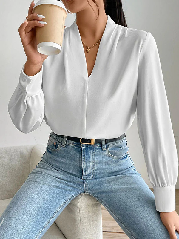 Long Sleeves Loose Pleated Solid Color Split-Joint V-Neck Blouses&Shirts Tops - Image 15