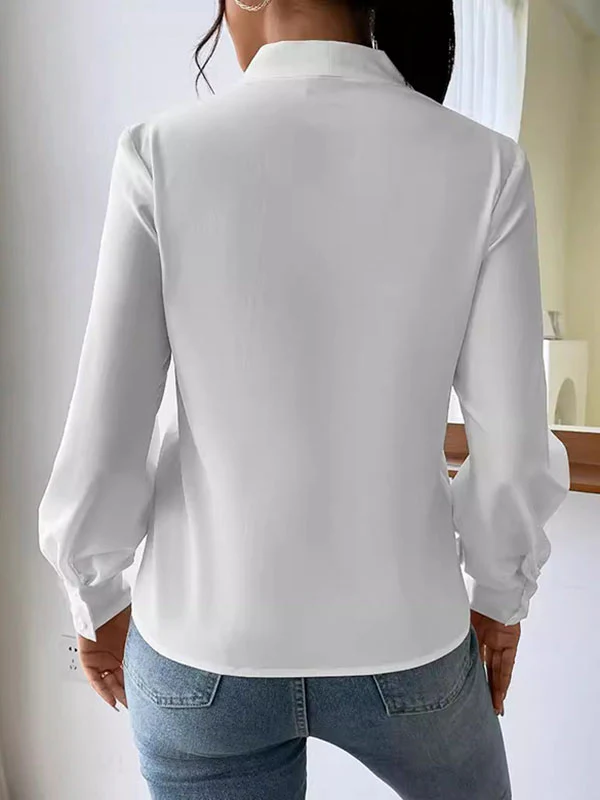 Long Sleeves Loose Pleated Solid Color Split-Joint V-Neck Blouses&Shirts Tops - Image 16