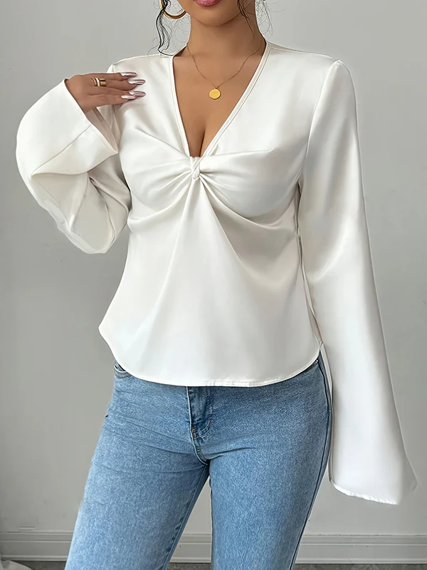Long Sleeves Loose Pleated Solid Color Split-Joint V-Neck Blouses&Shirts Tops - Image 2