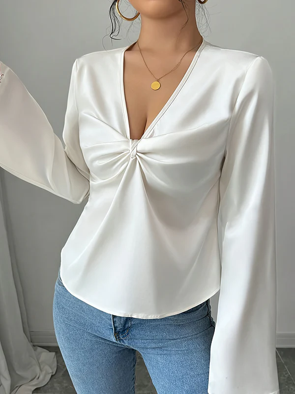 Long Sleeves Loose Pleated Solid Color Split-Joint V-Neck Blouses&Shirts Tops - Image 3