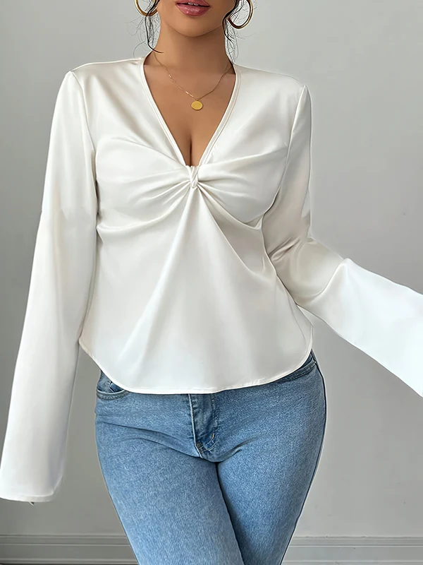 Long Sleeves Loose Pleated Solid Color Split-Joint V-Neck Blouses&Shirts Tops - Image 4