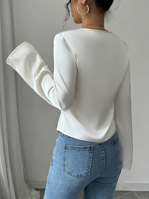 Long Sleeves Loose Pleated Solid Color Split-Joint V-Neck Blouses&Shirts Tops - Image 5