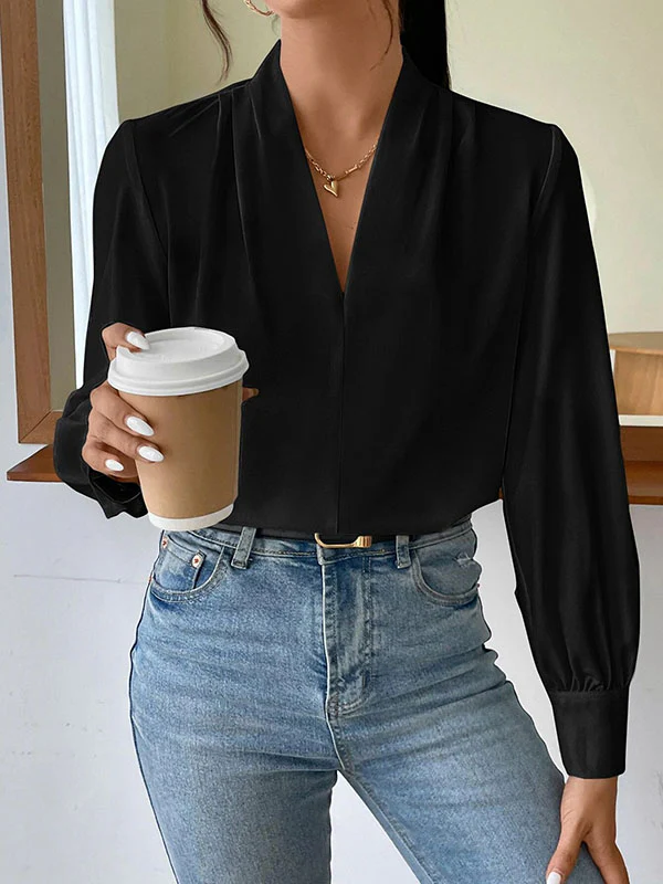 Long Sleeves Loose Pleated Solid Color Split-Joint V-Neck Blouses&Shirts Tops - Image 2