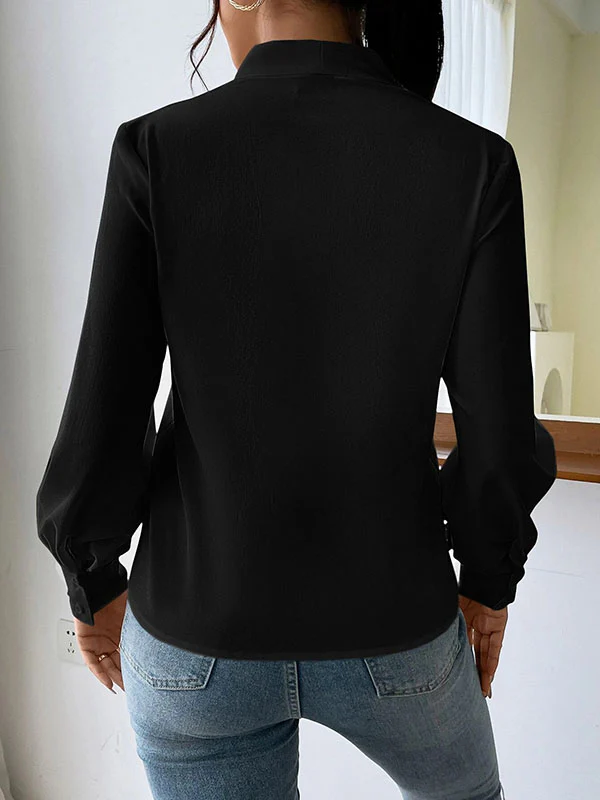 Long Sleeves Loose Pleated Solid Color Split-Joint V-Neck Blouses&Shirts Tops - Image 4