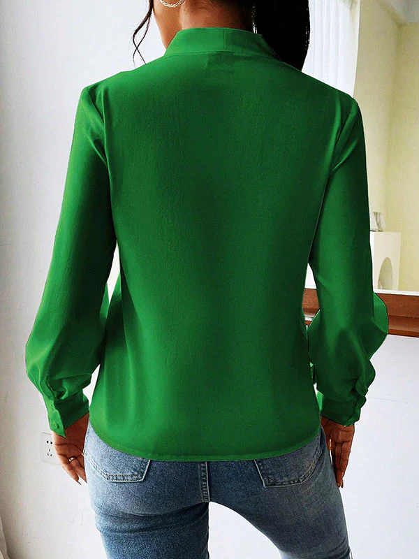 Long Sleeves Loose Pleated Solid Color Split-Joint V-Neck Blouses&Shirts Tops - Image 5