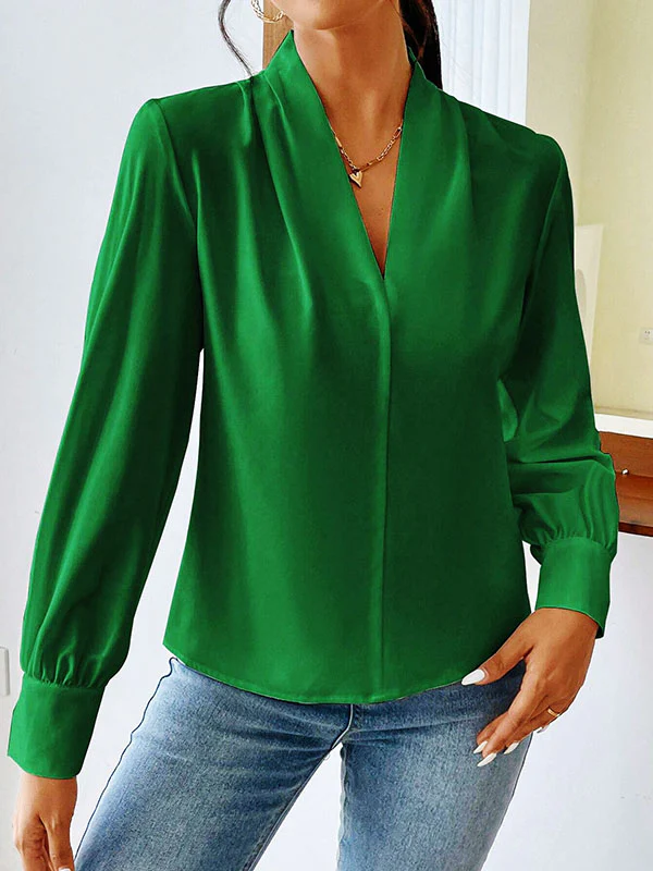 Long Sleeves Loose Pleated Solid Color Split-Joint V-Neck Blouses&Shirts Tops - Image 6