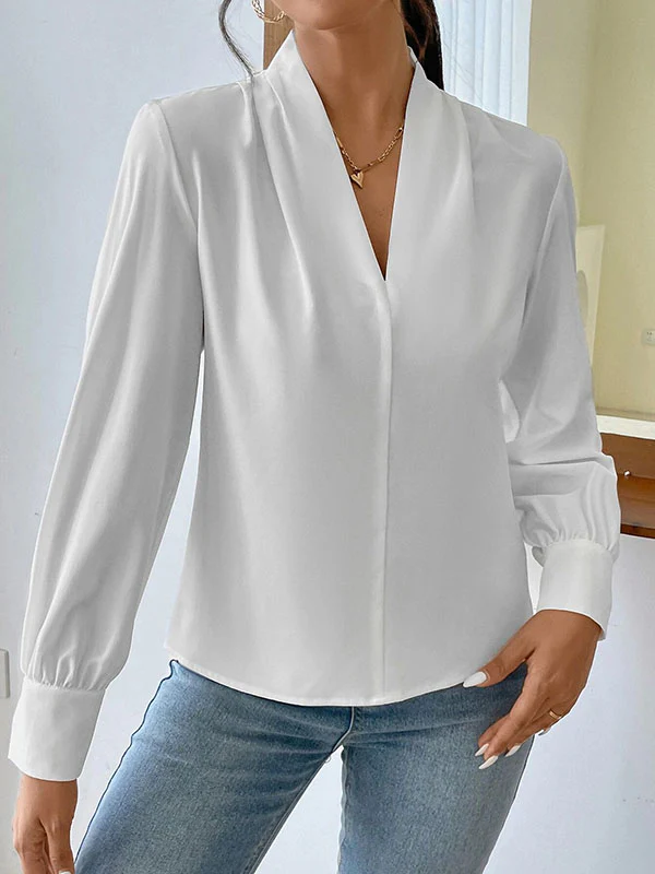 Long Sleeves Loose Pleated Solid Color Split-Joint V-Neck Blouses&Shirts Tops - Image 7