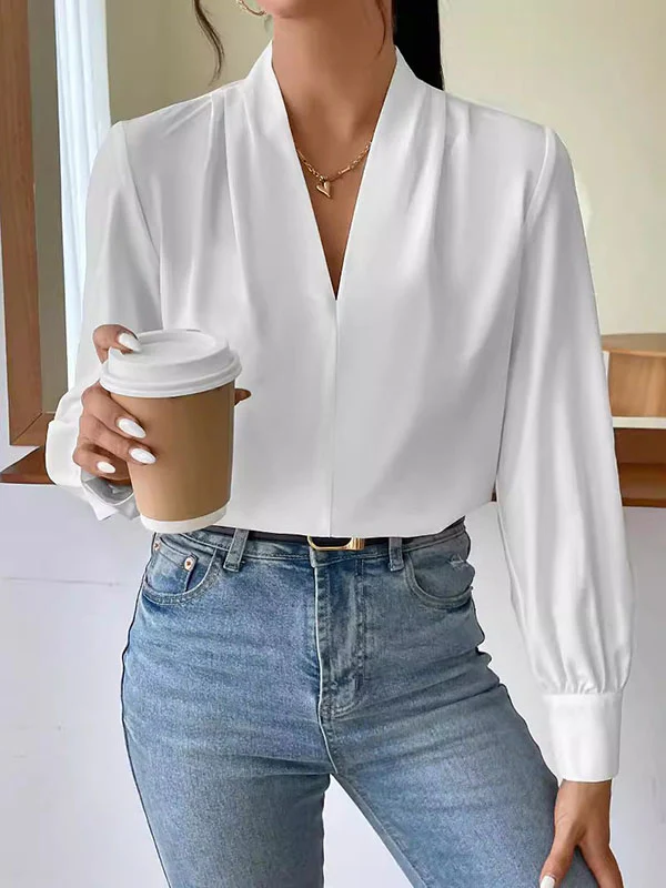 Long Sleeves Loose Pleated Solid Color Split-Joint V-Neck Blouses&Shirts Tops - Image 8