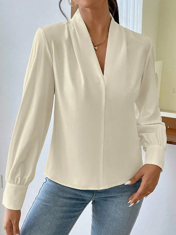 Long Sleeves Loose Pleated Solid Color Split-Joint V-Neck Blouses&Shirts Tops - Image 9