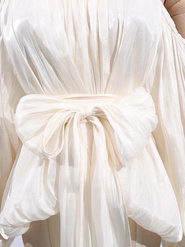 Long Sleeves Loose Pleated Solid Color Tied Halter-Neck Blouses&Shirts Tops - Image 10