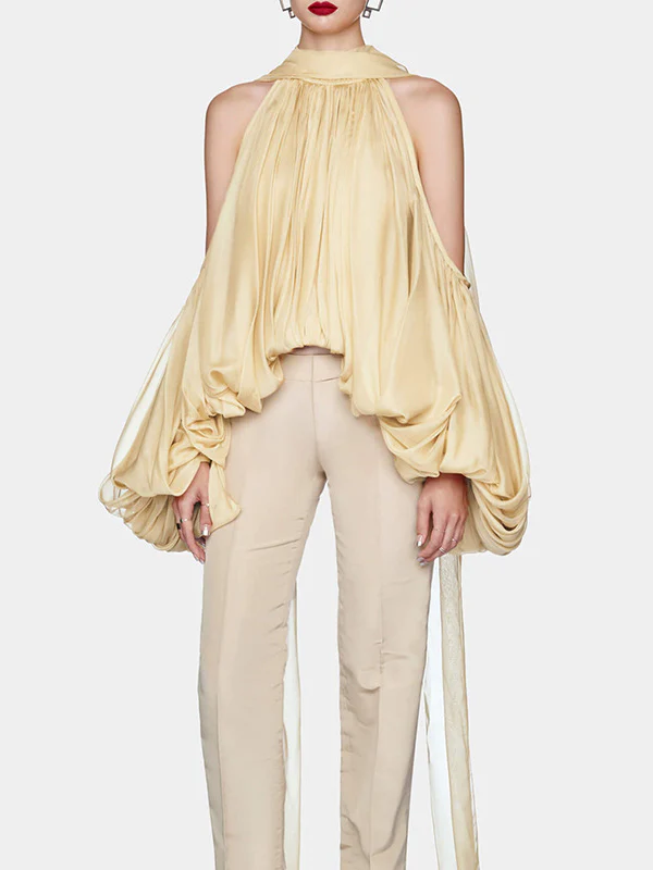 Long Sleeves Loose Pleated Solid Color Tied Halter-Neck Blouses&Shirts Tops - Image 2