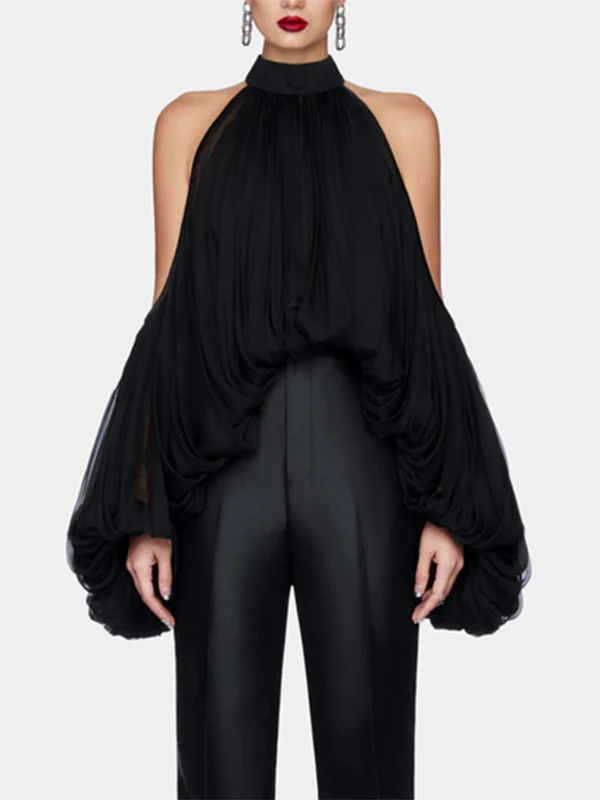 Long Sleeves Loose Pleated Solid Color Tied Halter-Neck Blouses&Shirts Tops - Image 3
