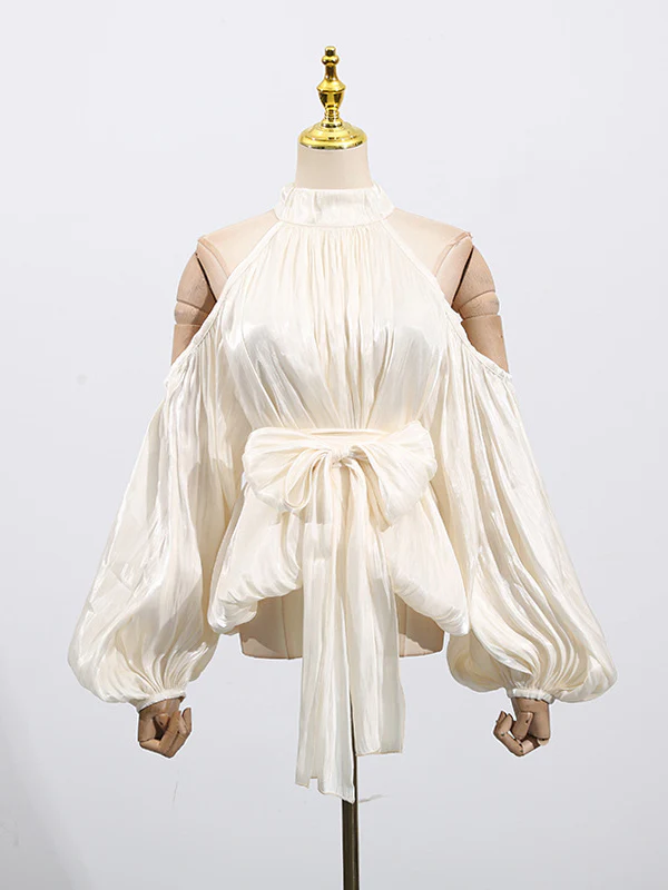 Long Sleeves Loose Pleated Solid Color Tied Halter-Neck Blouses&Shirts Tops - Image 4