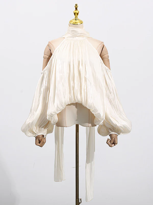 Long Sleeves Loose Pleated Solid Color Tied Halter-Neck Blouses&Shirts Tops - Image 5