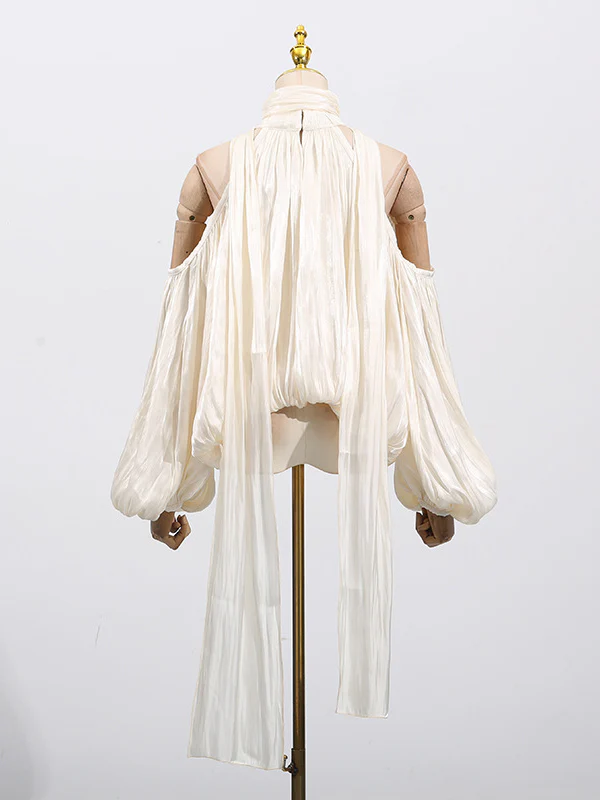 Long Sleeves Loose Pleated Solid Color Tied Halter-Neck Blouses&Shirts Tops - Image 6