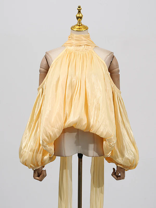 Long Sleeves Loose Pleated Solid Color Tied Halter-Neck Blouses&Shirts Tops - Image 7