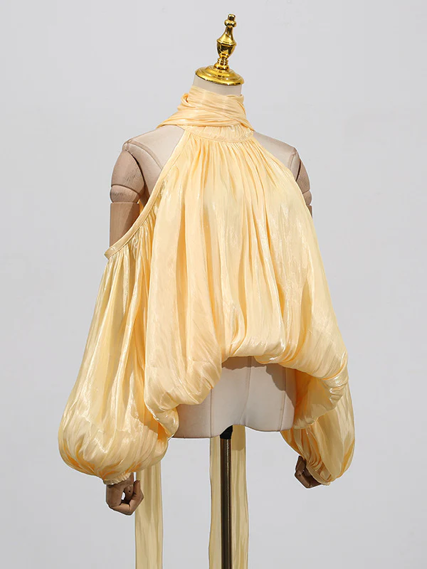 Long Sleeves Loose Pleated Solid Color Tied Halter-Neck Blouses&Shirts Tops - Image 8