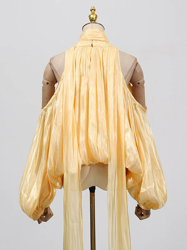 Long Sleeves Loose Pleated Solid Color Tied Halter-Neck Blouses&Shirts Tops - Image 9