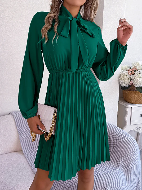 Long Sleeves Loose Pleated Solid Color Tied Mock Neck Mini Dresses - Image 10