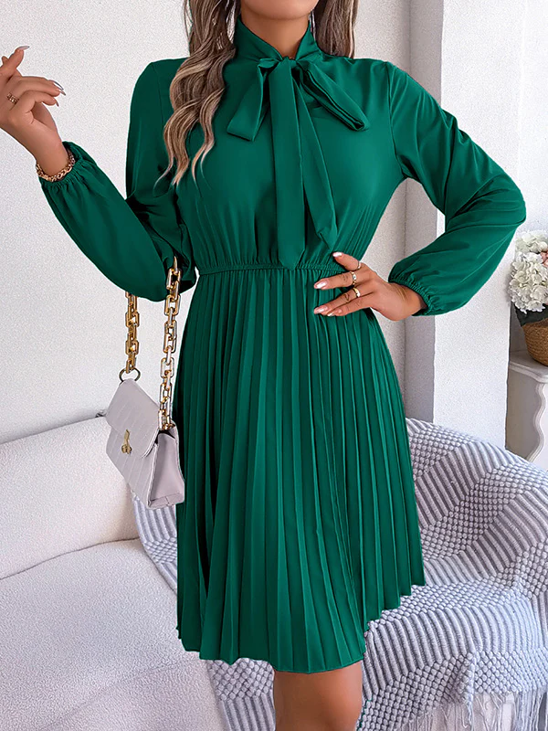 Long Sleeves Loose Pleated Solid Color Tied Mock Neck Mini Dresses - Image 11
