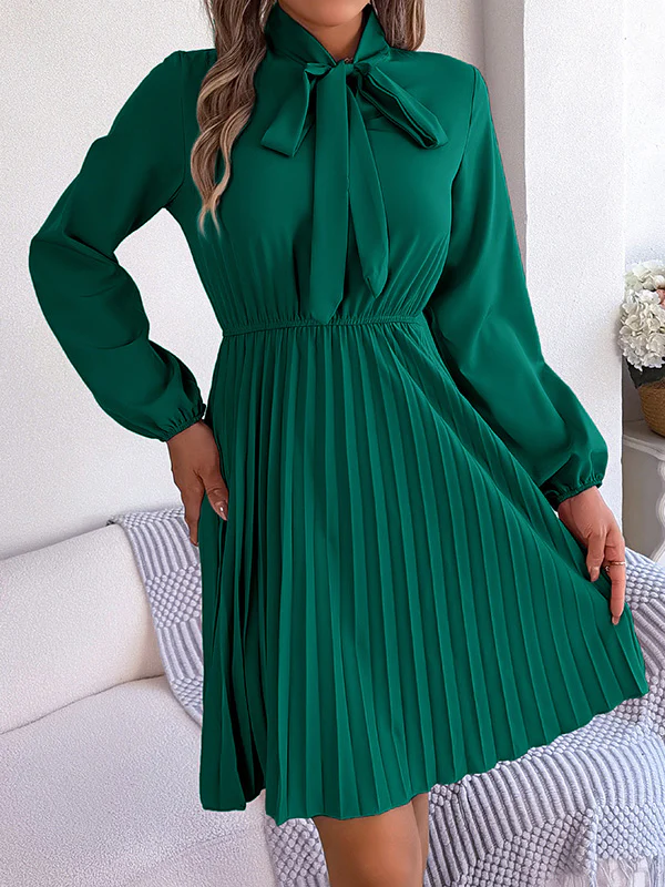 Long Sleeves Loose Pleated Solid Color Tied Mock Neck Mini Dresses - Image 12