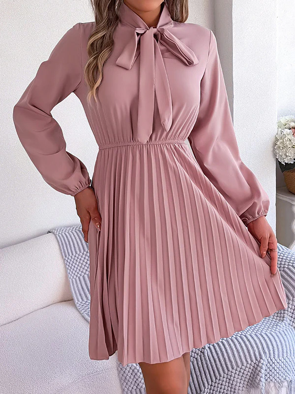 Long Sleeves Loose Pleated Solid Color Tied Mock Neck Mini Dresses - Image 13