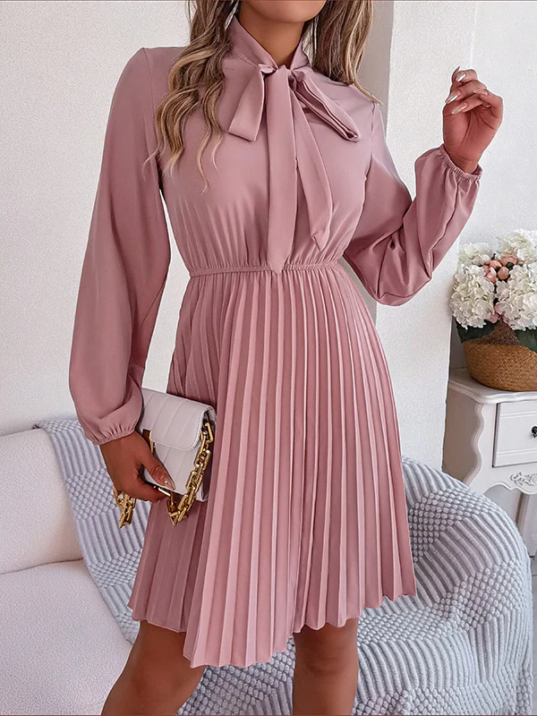 Long Sleeves Loose Pleated Solid Color Tied Mock Neck Mini Dresses - Image 14